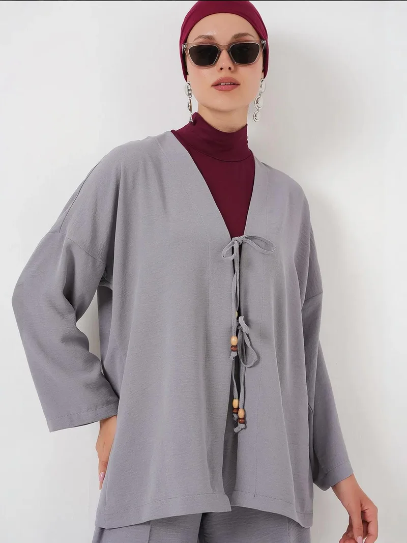 بيغ دارت طقم كارديجان طويل بياقة على شكل حرف  من  وبنطلون