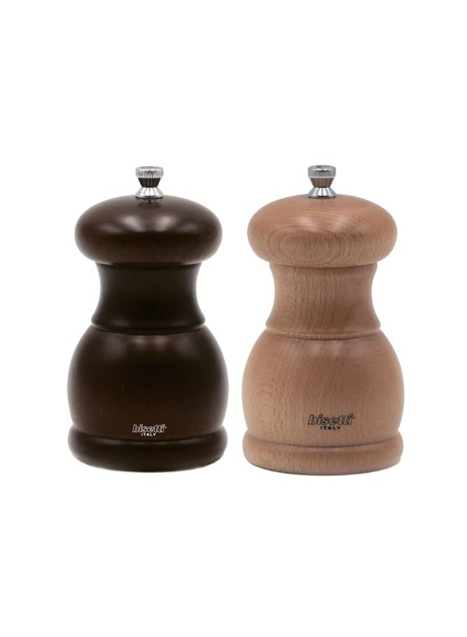 BISETTI BEECHWOOD SET OF WALNUT STAINED PEPPER MILL + NATURAL SALT MILL