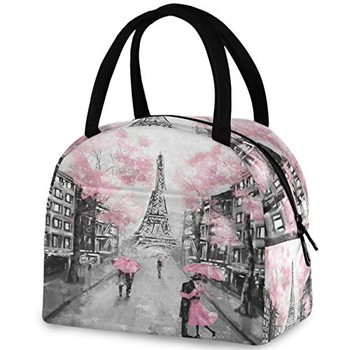 ZzWwR Stylish Romantic Paris Eiffel Tower Reusable Lunch Tote Bag with Front Pocket Zipper Closure Insulated Cooler Container Bag for Man Women Work Picnic Travel Beach Fishing - Image 2