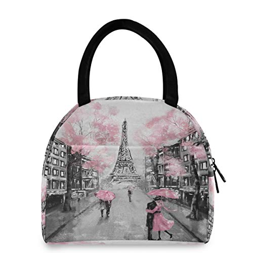 ZzWwR Stylish Romantic Paris Eiffel Tower Reusable Lunch Tote Bag with Front Pocket Zipper Closure Insulated Cooler Container Bag for Man Women Work Picnic Travel Beach Fishing - Image 3