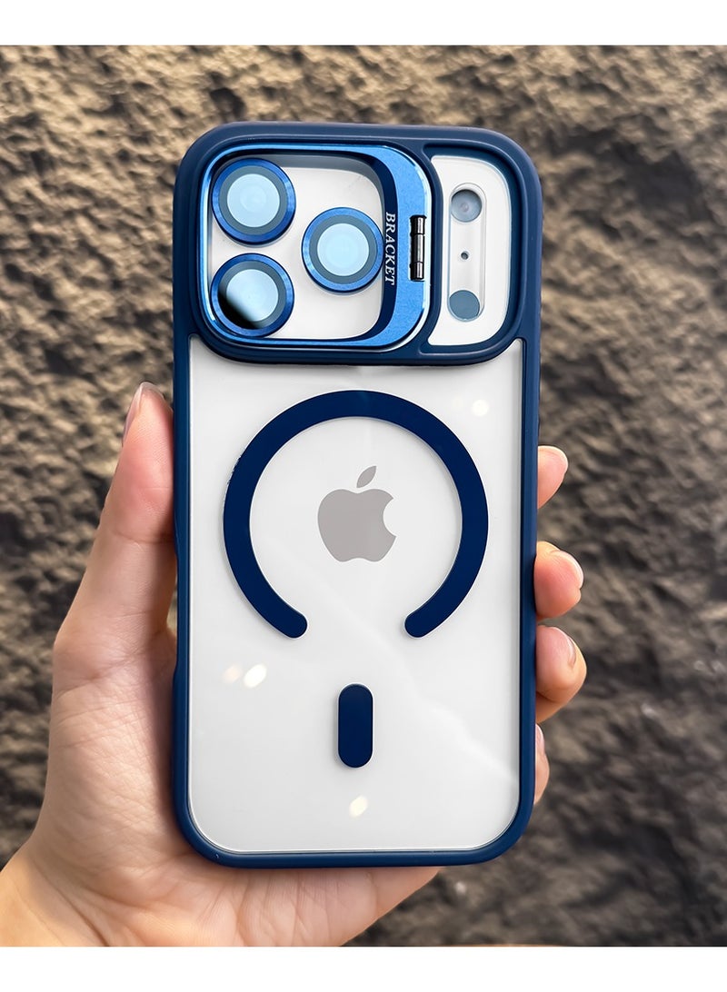 Metal Bracket Phone Case for iPhone 17 Pro Max - Magnetic Wireless Charging - Acrylic Silicone - With Camera Protection Lens - Blue - Image 1
