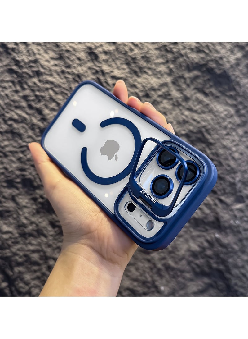 Metal Bracket Phone Case for iPhone 17 Pro Max - Magnetic Wireless Charging - Acrylic Silicone - With Camera Protection Lens - Blue - Image 2