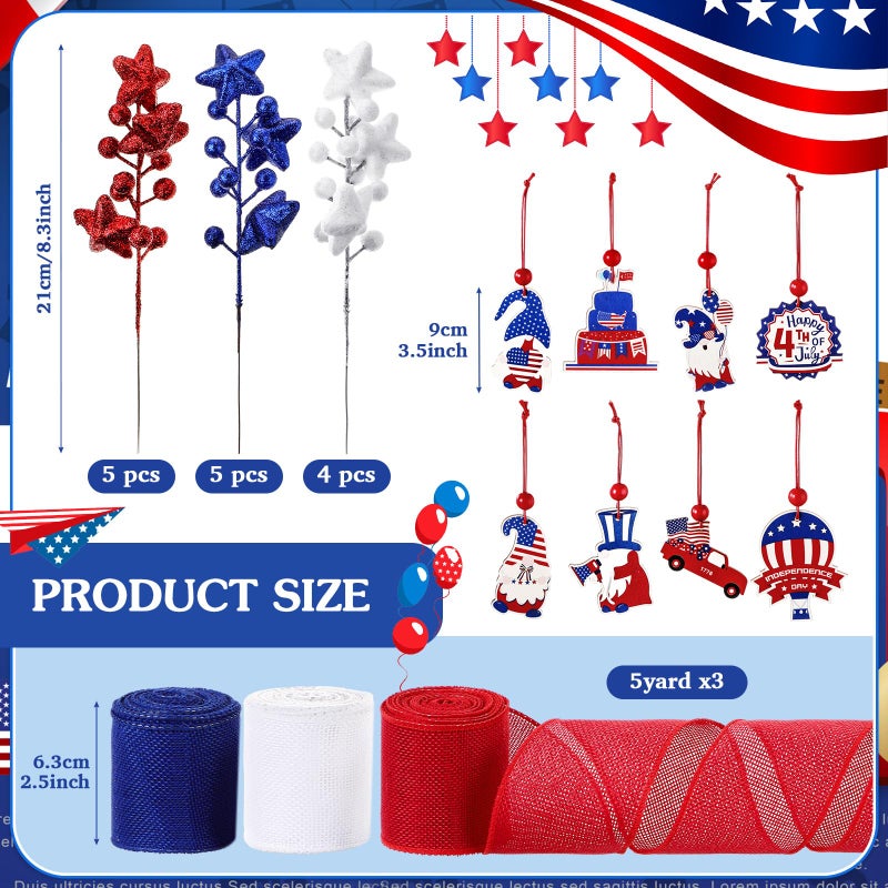 Halfchet 43 Pcs 4th of July Patriotic Tree Decorations Independence Day Christmas Tree Ornaments Ribbon Bow Topper Red White and Blue Hanging Ornaments for National Memorial Day Party - Image 3
