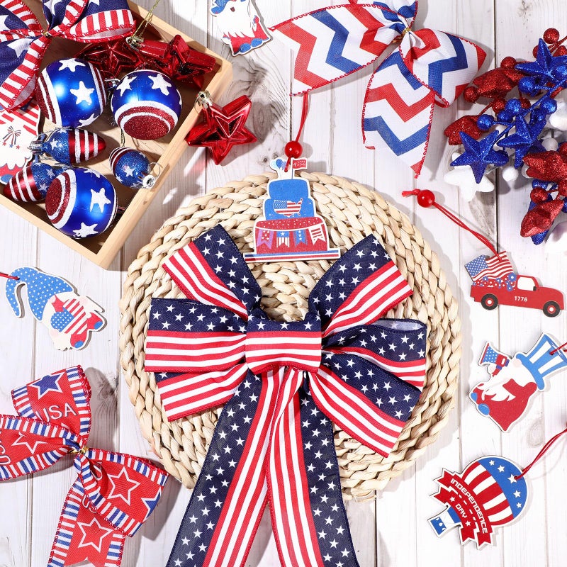 Halfchet 43 Pcs 4th of July Patriotic Tree Decorations Independence Day Christmas Tree Ornaments Ribbon Bow Topper Red White and Blue Hanging Ornaments for National Memorial Day Party - Image 4