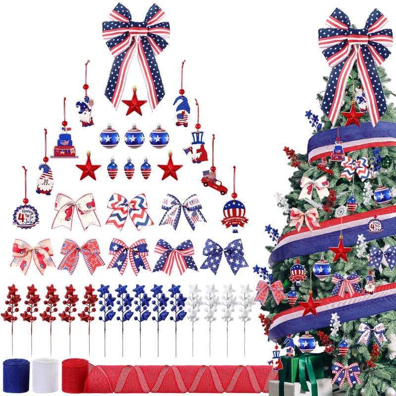 Halfchet 43 Pcs 4th of July Patriotic Tree Decorations Independence Day Christmas Tree Ornaments Ribbon Bow Topper Red White and Blue Hanging Ornaments for National Memorial Day Party - Image 1