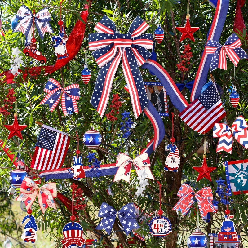 Halfchet 43 Pcs 4th of July Patriotic Tree Decorations Independence Day Christmas Tree Ornaments Ribbon Bow Topper Red White and Blue Hanging Ornaments for National Memorial Day Party - Image 5