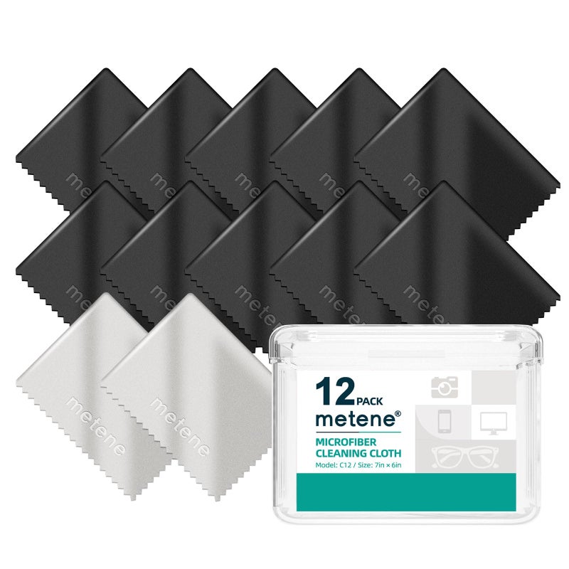 Metene Metene 12 Pack Microfiber Cleaning Cloth (6 "x7"), Individually Wrapped and Equipped with a Storage Box | Microfiber Cloth for Glasses, Screens, Camera Lens and More (Black&Gray)  - Image 1