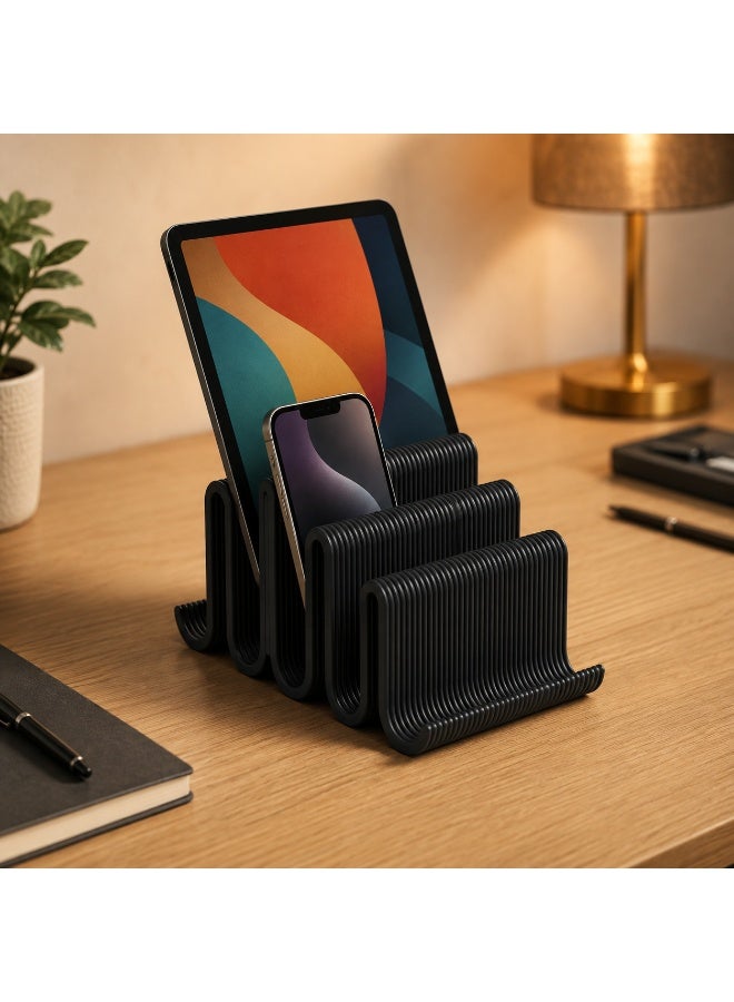 NAYATOPIA 4-Slot Multi-Device Holder for Tablets and Mobile Phones, Stepped Desktop Organizer, Black - Image 3