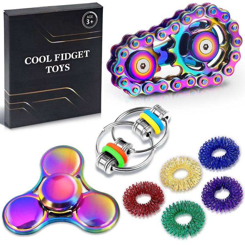 Chilvil 8Pcs Fidget Toys Adults Fidgets Spinner Autism Sensory Pack Spiky Sensory Rings for Anxiety Metal Bike Chain Roller Cool Gadgets for Teen Boys ADHD Silent Stress Relief Office Desk Toy Adults Gift - Image 3