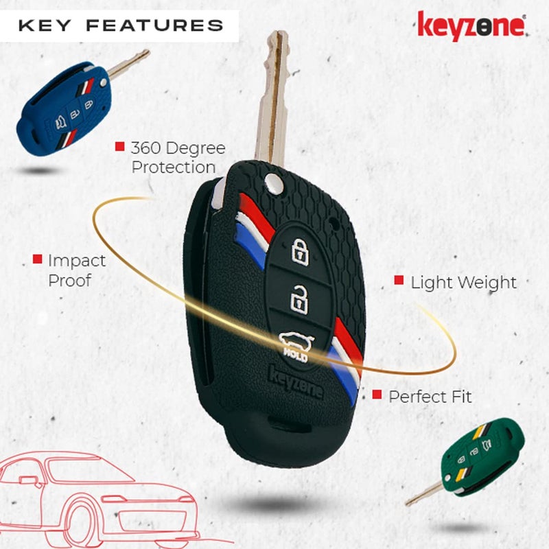 Keyzone® Striped Silicone Key Cover Compatible for Hyundai Venue, Creta, Exter, Elite i20, Grand i10 Nios, Aura, Xcent, Grand i10 3 Button Flip Key (3 Button Flip Key, Black) - Image 3