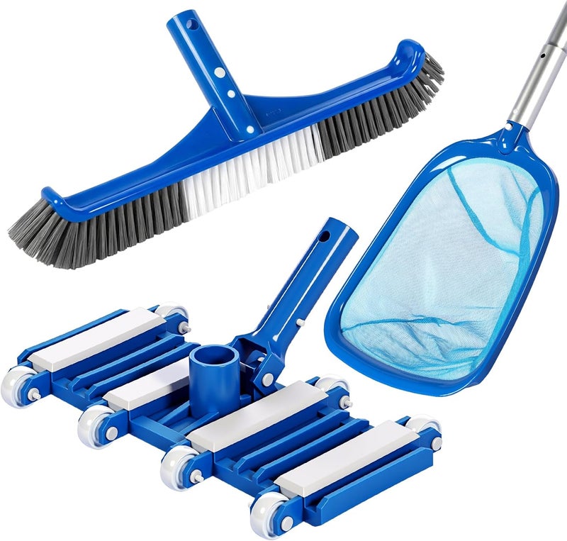 Tioncy 3 Pcs Pool Cleaning Kit Manual Pool Vacuum Head with Wheels and Bottom Brushes, Large Brush and Skimmer Net Fine Mesh for Above Ground In-ground Ponds Spas Hot Tubs - Image 1