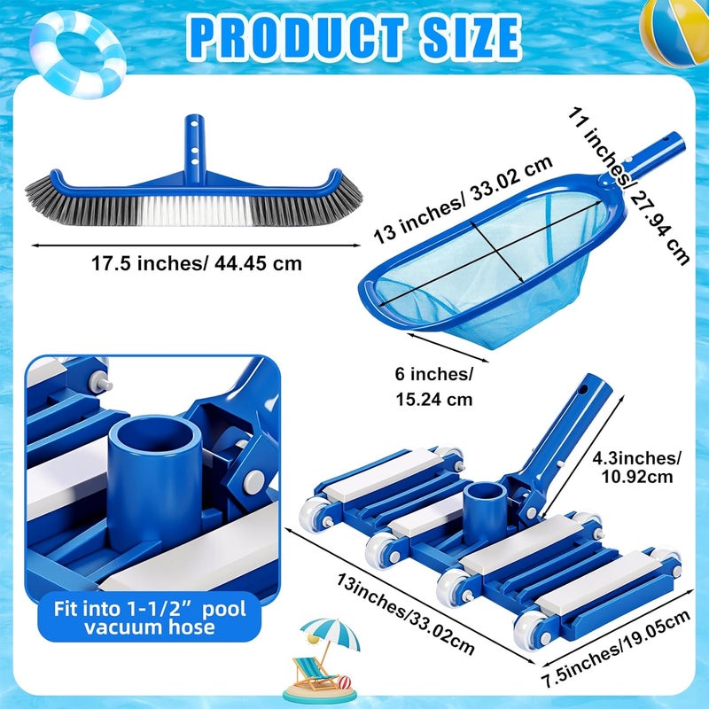 Tioncy 3 Pcs Pool Cleaning Kit Manual Pool Vacuum Head with Wheels and Bottom Brushes, Large Brush and Skimmer Net Fine Mesh for Above Ground In-ground Ponds Spas Hot Tubs - Image 2