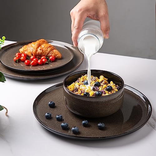 LeRatio Ceramic Dinnerware Sets for 6,Poreclain Plates and Bowls Sets,Handmade Reactive Glaze Dishes Set,Chip Resistant and Scratch Resistant | Oven&Dishwasher & Microwave Safe-Chestnut(18PCS) - Image 3
