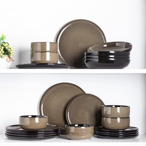 LeRatio Ceramic Dinnerware Sets for 6,Poreclain Plates and Bowls Sets,Handmade Reactive Glaze Dishes Set,Chip Resistant and Scratch Resistant | Oven&Dishwasher & Microwave Safe-Chestnut(18PCS) - Image 5