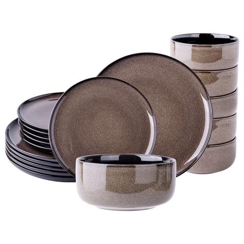 LeRatio Ceramic Dinnerware Sets for 6,Poreclain Plates and Bowls Sets,Handmade Reactive Glaze Dishes Set,Chip Resistant and Scratch Resistant | Oven&Dishwasher & Microwave Safe-Chestnut(18PCS) - Image 1