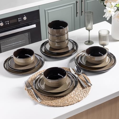 LeRatio Ceramic Dinnerware Sets for 6,Poreclain Plates and Bowls Sets,Handmade Reactive Glaze Dishes Set,Chip Resistant and Scratch Resistant | Oven&Dishwasher & Microwave Safe-Chestnut(18PCS) - Image 4