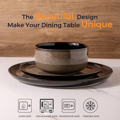 LeRatio Ceramic Dinnerware Sets for 6,Poreclain Plates and Bowls Sets,Handmade Reactive Glaze Dishes Set,Chip Resistant and Scratch Resistant | Oven&Dishwasher & Microwave Safe-Chestnut(18PCS) - Image 2
