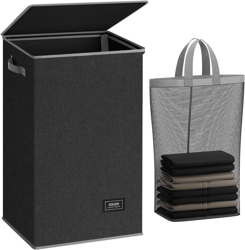SOLEDI Laundry Hamper with Lid 90L Large & Tall Collapsible Laundry Basket, Clothes Hamper with Bag Removable Easy to Carry, Dirty Hampers for Bedroom, Bathroom, Dorm, College, Dark Grey - Image 1