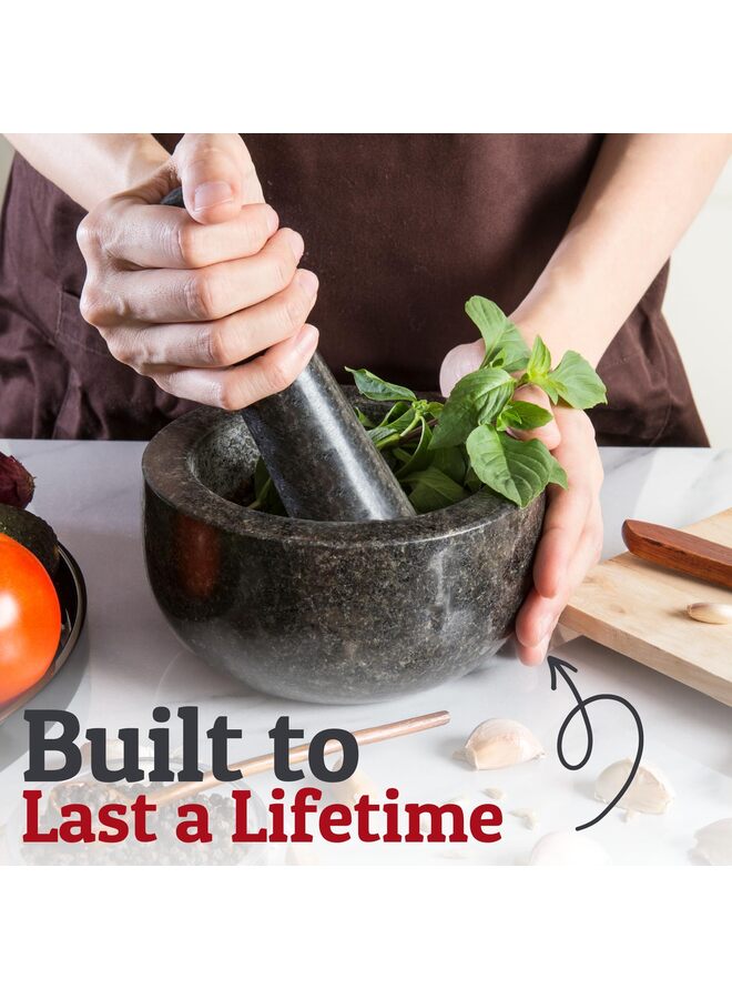 مجموعة هاون ومدقة - حجر طبيعي 6.3 بوصة للتوابل والبهارات والمعاجين - وعاء مطحنة حجري للتوابل والأعشاب والثوم وصلصة الجواكامولي والمكسرات ووعاء مولكاخيتي للمطبخ (أسود) - Image 3