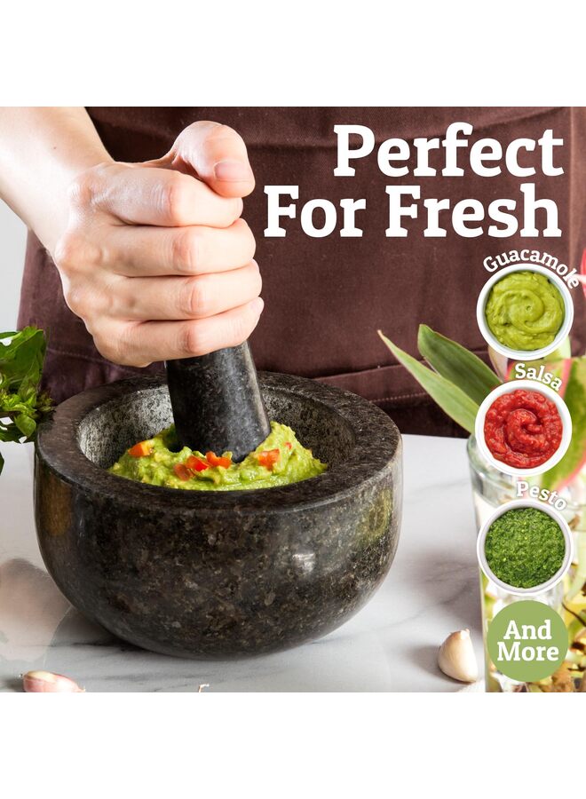 مجموعة هاون ومدقة - حجر طبيعي 6.3 بوصة للتوابل والبهارات والمعاجين - وعاء مطحنة حجري للتوابل والأعشاب والثوم وصلصة الجواكامولي والمكسرات ووعاء مولكاخيتي للمطبخ (أسود) - Image 4