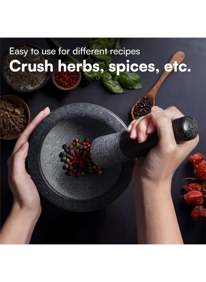مجموعة هاون ومدقة - حجر طبيعي 6.3 بوصة للتوابل والبهارات والمعاجين - وعاء مطحنة حجري للتوابل والأعشاب والثوم وصلصة الجواكامولي والمكسرات ووعاء مولكاخيتي للمطبخ (أسود) - Image 5