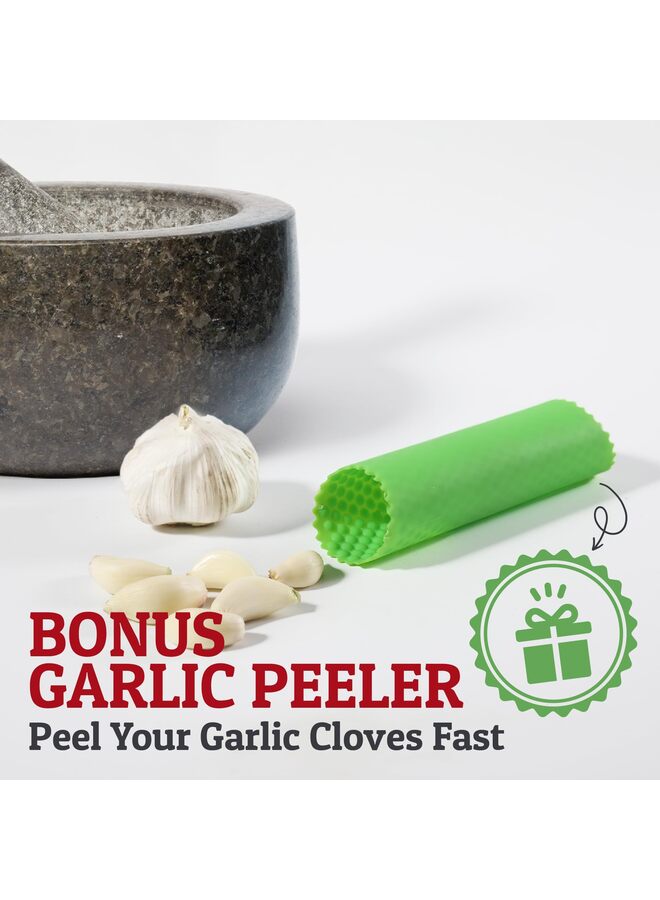 مجموعة هاون ومدقة - حجر طبيعي 6.3 بوصة للتوابل والبهارات والمعاجين - وعاء مطحنة حجري للتوابل والأعشاب والثوم وصلصة الجواكامولي والمكسرات ووعاء مولكاخيتي للمطبخ (أسود) - Image 2