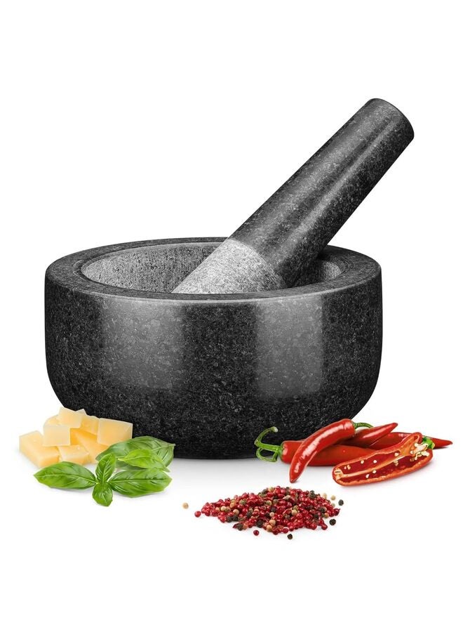 مجموعة هاون ومدقة - حجر طبيعي 6.3 بوصة للتوابل والبهارات والمعاجين - وعاء مطحنة حجري للتوابل والأعشاب والثوم وصلصة الجواكامولي والمكسرات ووعاء مولكاخيتي للمطبخ (أسود) - Image 1