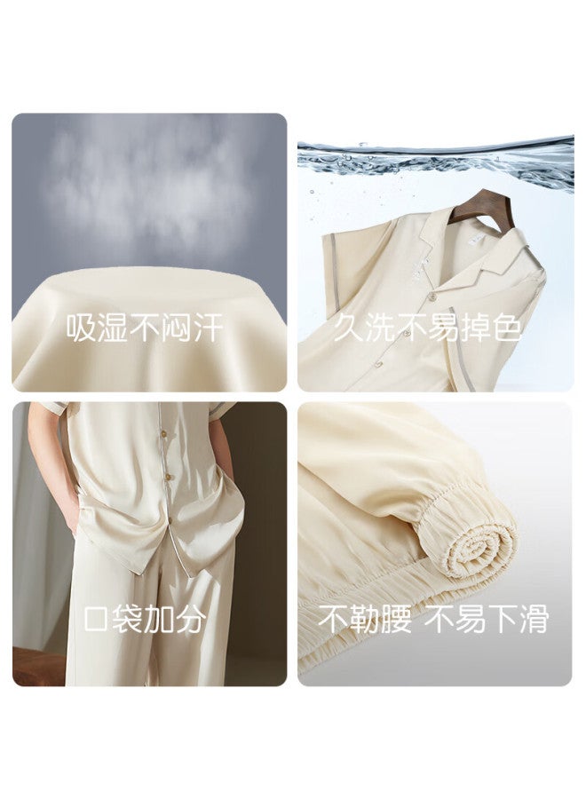 Xulen Men's Pajamas, Silk-like Short-sleeve Top And Long Pants, Wearable Outside, Faux Silk, Plus Size, Home Wear Set