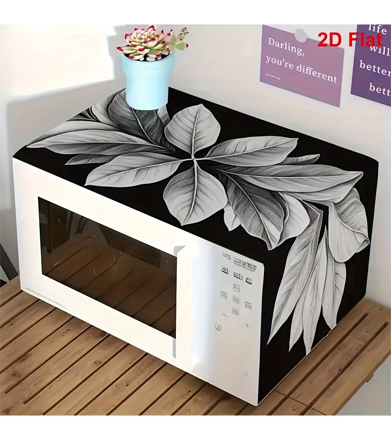 Elegant Leaf Pattern Reusable Polyester Oven Dust Cover Non Stick Kitchen Decor Protector For Microwave Stove And Oven Black White Easy Clean 1pc - Image 2