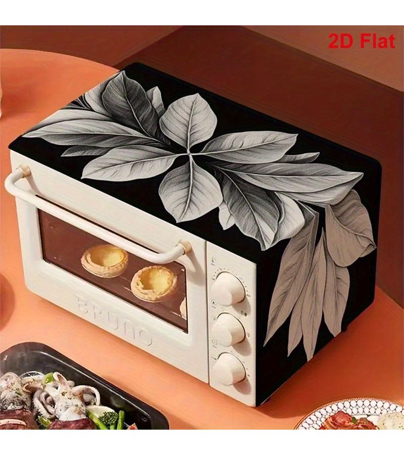 Elegant Leaf Pattern Reusable Polyester Oven Dust Cover Non Stick Kitchen Decor Protector For Microwave Stove And Oven Black White Easy Clean 1pc - Image 3