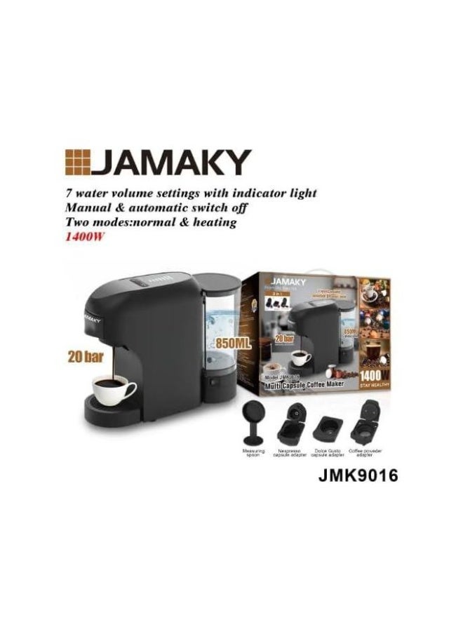 JAMAKY Multi Capsule Coffee Maker with Italian technology JMK9016 , 3 in 1 Household 1400W Automatic Drip Coffee Machine With 7 level volume selection DIY your taste 850mL Water Capacity - Black - Image 1