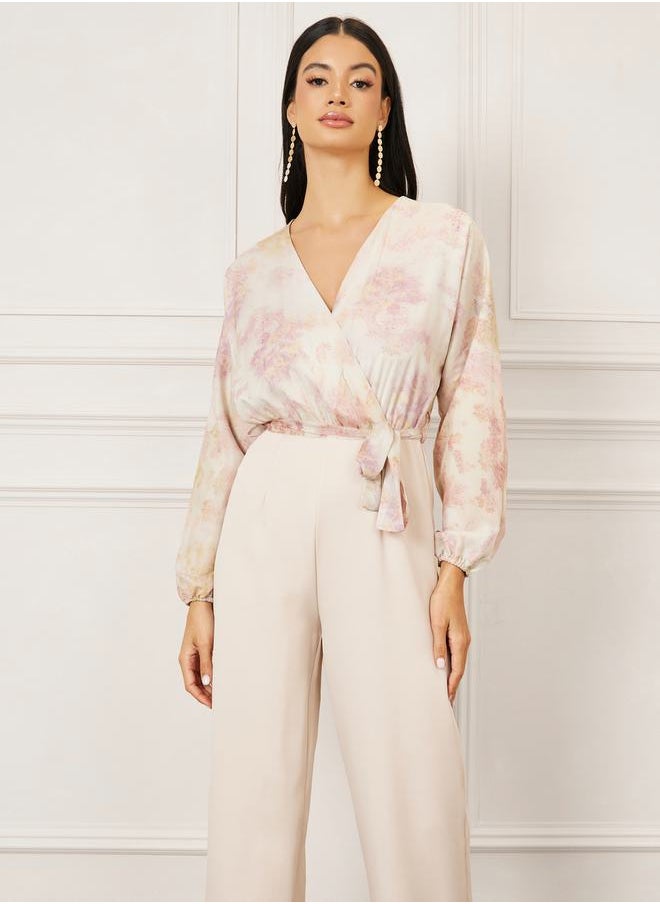 Styli - Floral Print Wide Leg Jumpsuit with Self Tie Up - Image 1