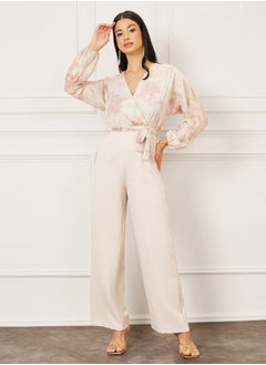 Floral Print Wide Leg Jumpsuit with Self Tie Up