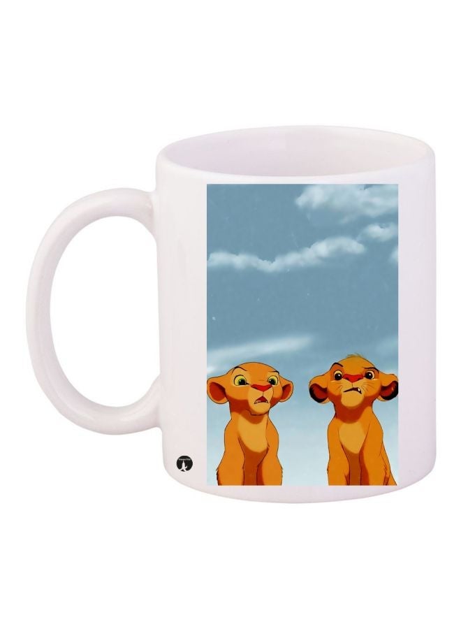 RYN Cartoon Lion Printed Coffee Mug White/Blue/Brown 11ounce