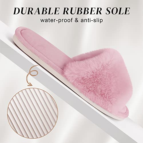 Parlovable Women's Faux Fur Slippers Fuzzy Flat Spa Fluffy Open Toe House Shoes Indoor Outdoor Slip on Memory Foam Slide Sandals Pink 7-8 - Image 2