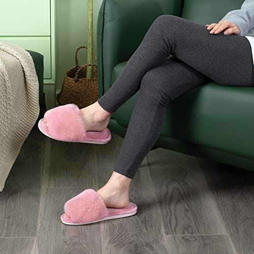 Parlovable Women's Faux Fur Slippers Fuzzy Flat Spa Fluffy Open Toe House Shoes Indoor Outdoor Slip on Memory Foam Slide Sandals Pink 7-8 - Image 4