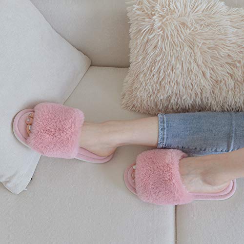 Parlovable Women's Faux Fur Slippers Fuzzy Flat Spa Fluffy Open Toe House Shoes Indoor Outdoor Slip on Memory Foam Slide Sandals Pink 7-8 - Image 5