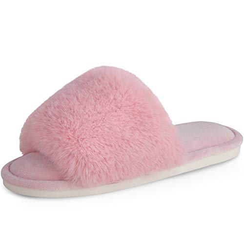 Parlovable Women's Faux Fur Slippers Fuzzy Flat Spa Fluffy Open Toe House Shoes Indoor Outdoor Slip on Memory Foam Slide Sandals Pink 7-8 - Image 1
