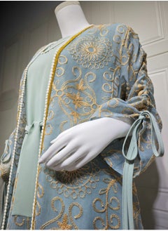 Loquat Ladies Embroidered Robe Long Dress Set Open Front Outer Robe+Inner Skirt+Belt Muslim Abaya Dusty Blue  - Image 3