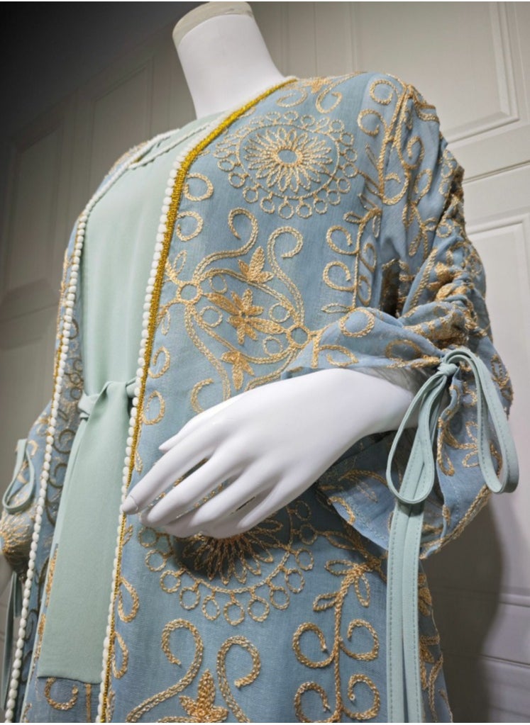 Loquat Ladies Embroidered Robe Long Dress Set Open Front Outer Robe+Inner Skirt+Belt Muslim Abaya Dusty Blue  - Image 3