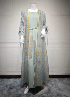 Loquat Ladies Embroidered Robe Long Dress Set Open Front Outer Robe+Inner Skirt+Belt Muslim Abaya Dusty Blue  - Image 2