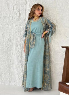 Loquat Ladies Embroidered Robe Long Dress Set Open Front Outer Robe+Inner Skirt+Belt Muslim Abaya Dusty Blue  - Image 1