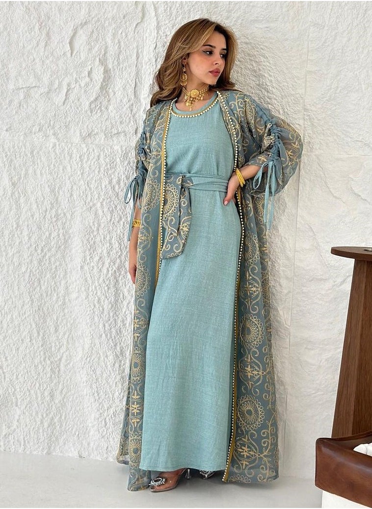 Loquat Ladies Embroidered Robe Long Dress Set Open Front Outer Robe+Inner Skirt+Belt Muslim Abaya Dusty Blue  - Image 1