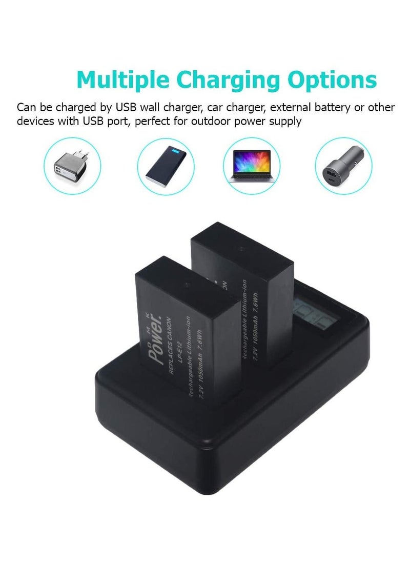 DMK Power LP-E12 Battery w/Box (2-Pack) and LCD Dual USB Charger REPLACEMENT Compatible with Canon LP-E12 EOS M M2 M10 M50 M100 EOS 100D EOS Rebel SL1 EOS K' X7 PowerShot SX70 HS
