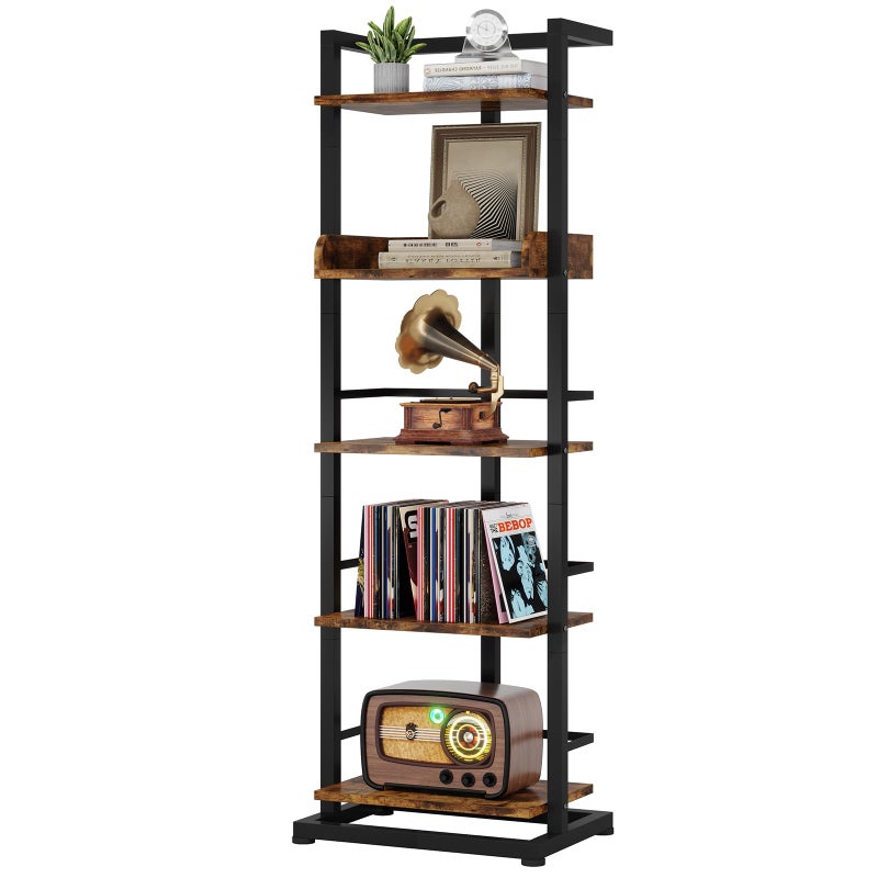 Hosfais Book Shelf Narrow Bookshelf: 5 Tier Wood Bookcase with Metal Edge Protection Industrial Modern Bookshelf Book Storage Organizer for Living Room Bedroom Home Office (Rustic Brown) - Image 1
