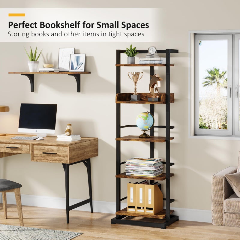 Hosfais Book Shelf Narrow Bookshelf: 5 Tier Wood Bookcase with Metal Edge Protection Industrial Modern Bookshelf Book Storage Organizer for Living Room Bedroom Home Office (Rustic Brown) - Image 4