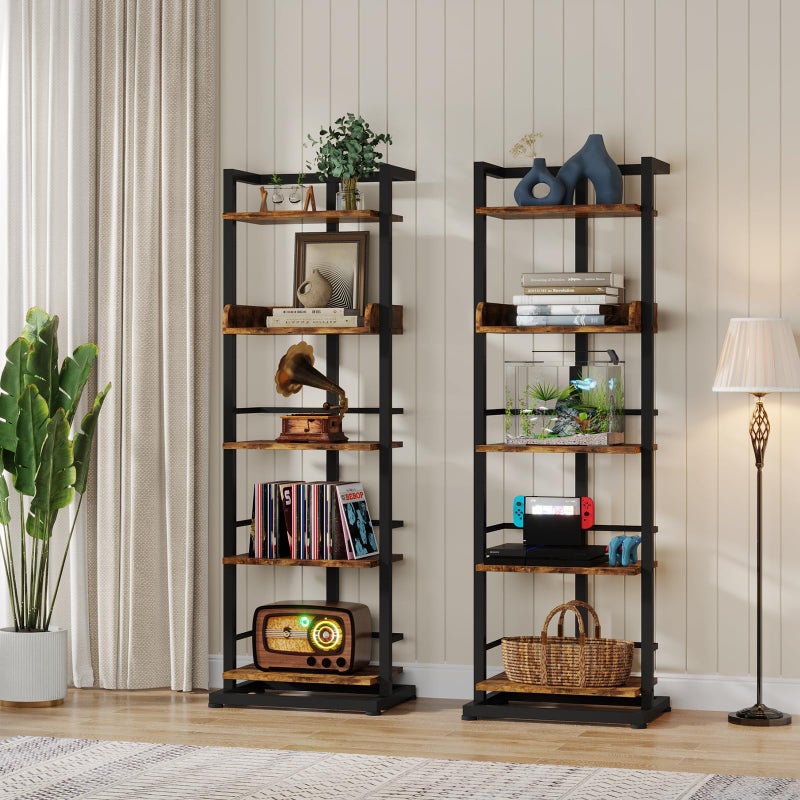Hosfais Book Shelf Narrow Bookshelf: 5 Tier Wood Bookcase with Metal Edge Protection Industrial Modern Bookshelf Book Storage Organizer for Living Room Bedroom Home Office (Rustic Brown) - Image 5