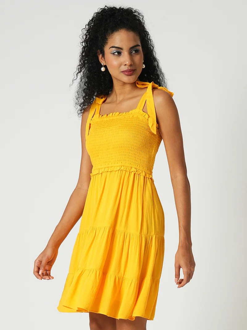 globus Women Yellow Square Neck Tie-Up Sleeves Smocked Fit & Flare Tiered Dress
