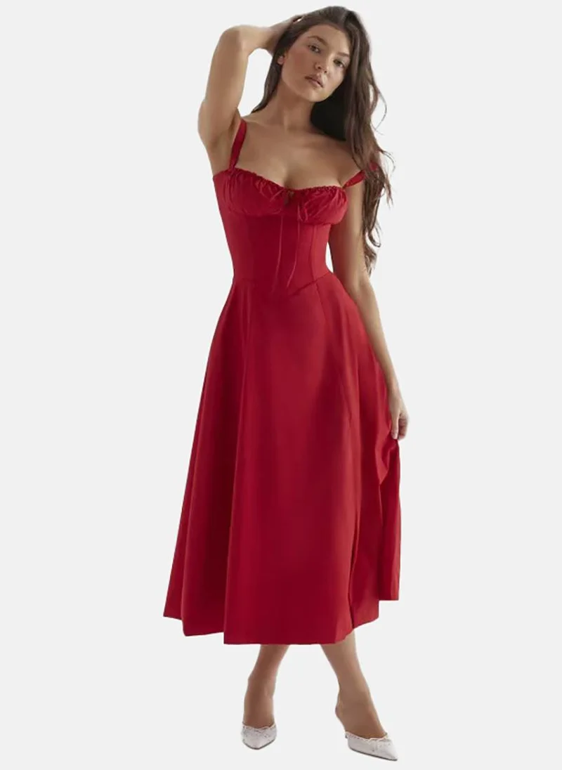 يونيكي Red Sweetheart Neck Solid Fit & Flared Dress