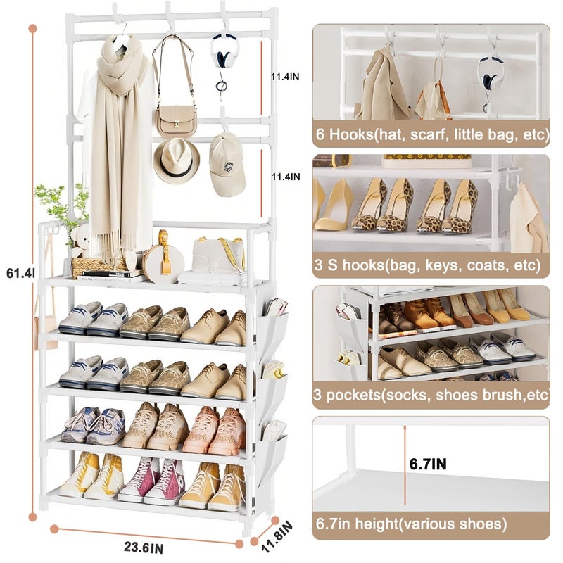 OYREL Shoe Rack 5 Tier Shoe Organizer Storage 15-20 Pairs Shoes Rack for Closet Entrance Shoe Rack Organizer with Hooks and Side Pocket Entryway Shoe Holder Space Saving Free Standing Shoe Racks - Image 3